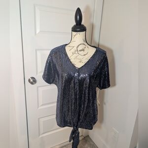 MSK Sequin V-Neck Tie-Front Blue Top Size M